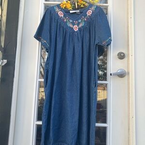 Embroidered Denim Dress with Floral Accents